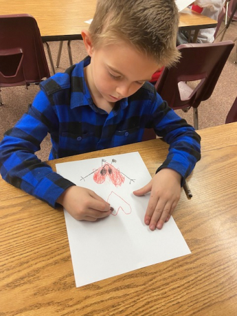 A kindergartener works on his picture