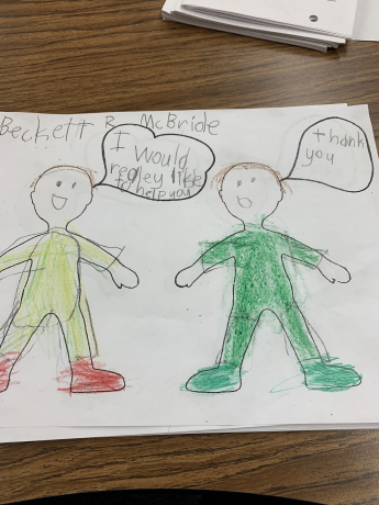 A first grader's drawing of what they would say to a child from Ukraine