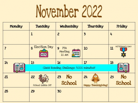 November Calendar - No School November 23-25