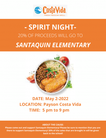 Costa Vida Spirit Night at the Payson location on Monday May 2 from 5-9 pm