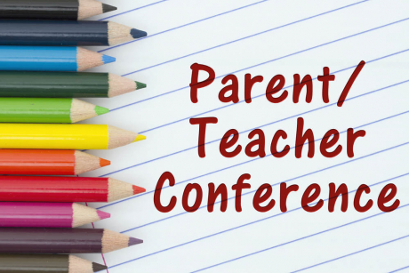 A graphic shows colored pencils with the words parent teacher conference off to the side