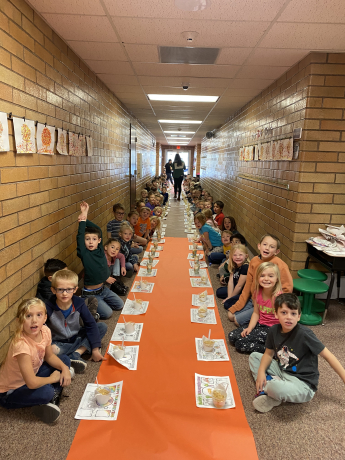 Students at the “table” in the hallway