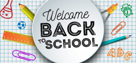 Graphic with words "Welcome Back to School" surrounded by various school supplies.